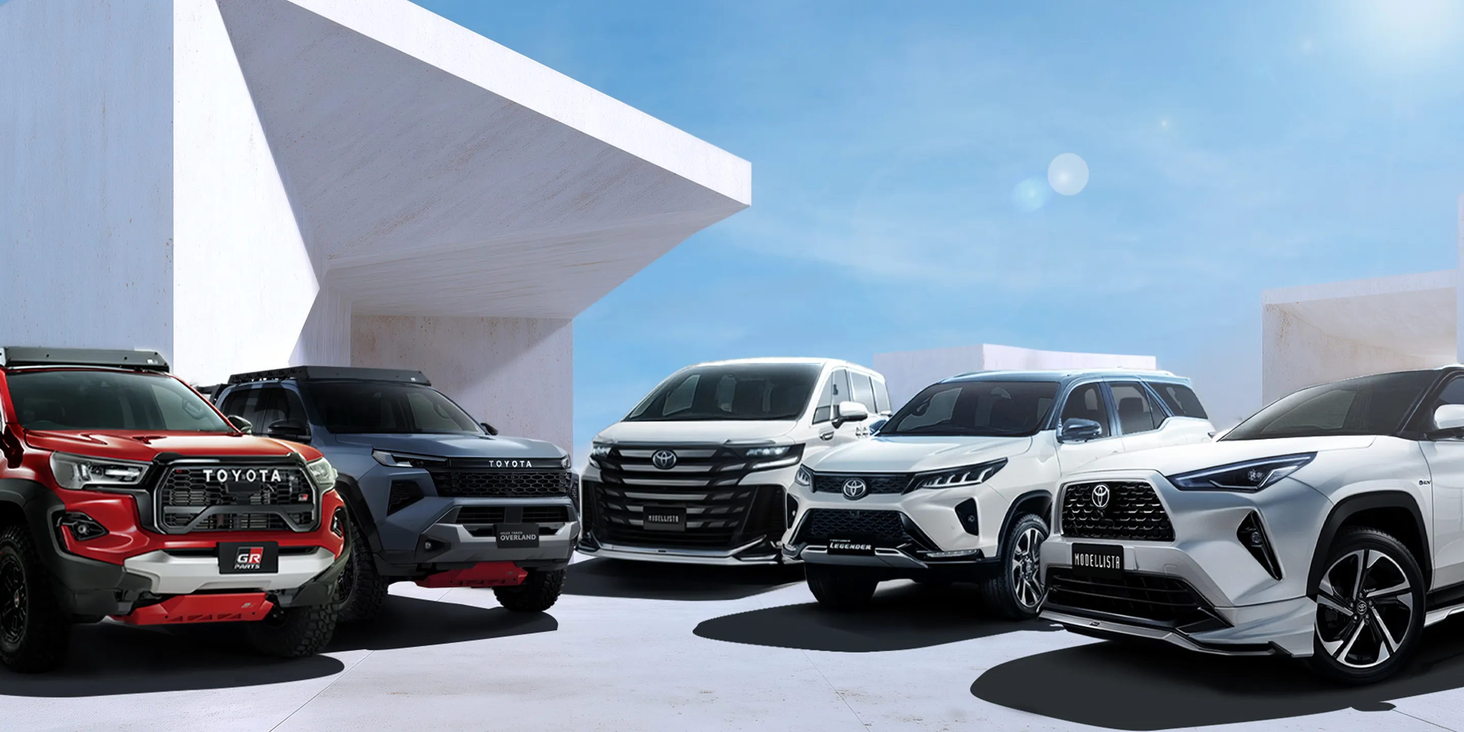 Lineup of customized Toyota vehicles with TRD and Modellista accessories